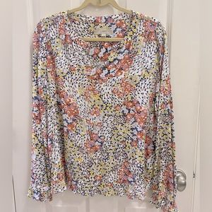 LOFT split neck long sleeve blouse. Shades of yellow, orange,grey & cream